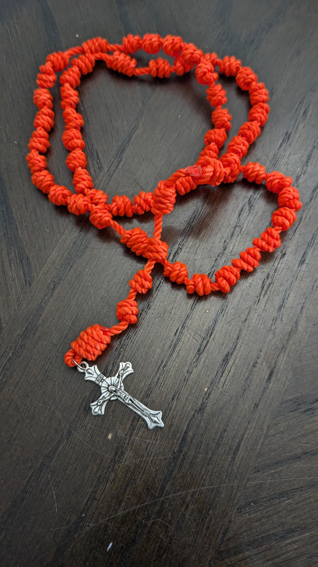 Bright Orange Knotted Rosary with Nickel Crucifix