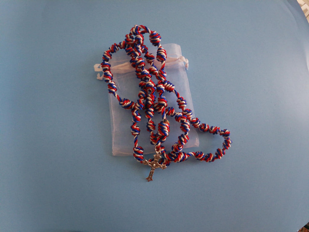 Red, White an Blue Knotted Rosary with Nickel Crucifix
