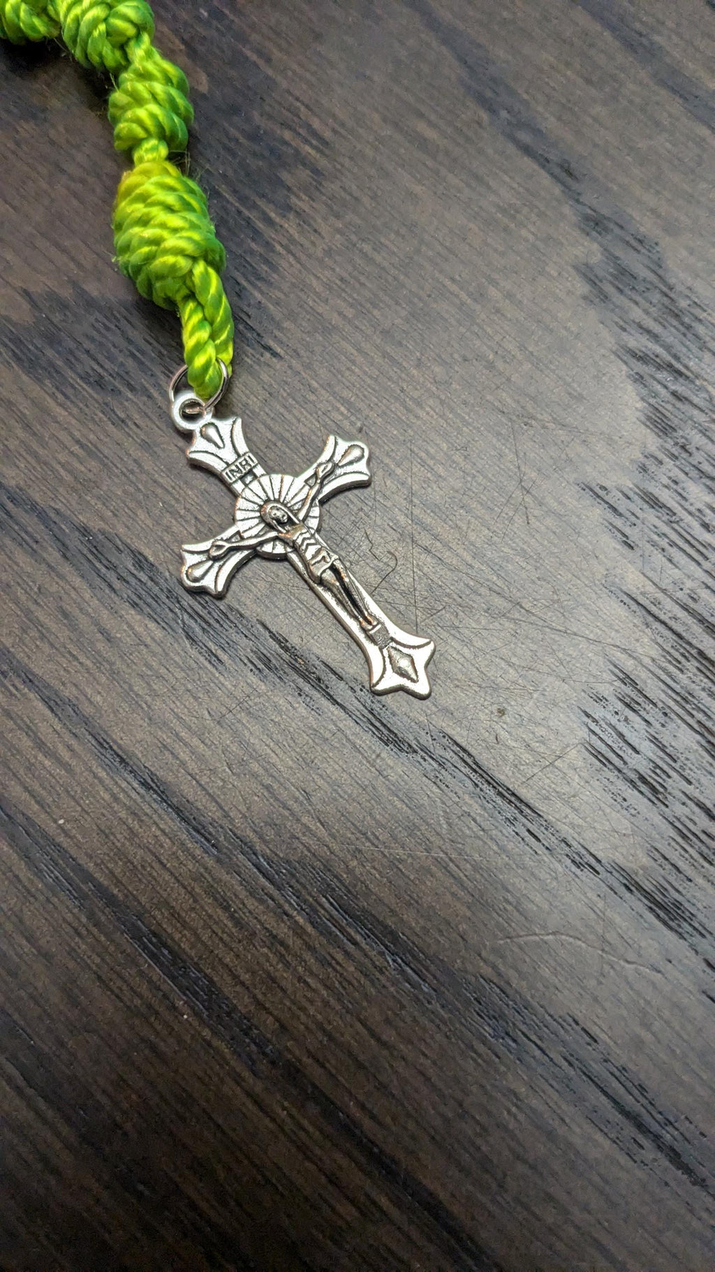 Bright Green Knotted Rosary with Nickel Crucifix