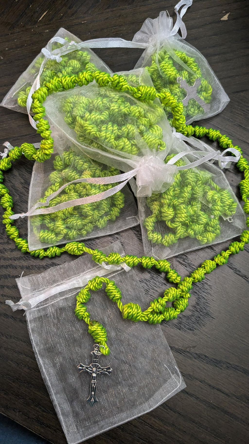 Bright Green Knotted Rosary with Nickel Crucifix