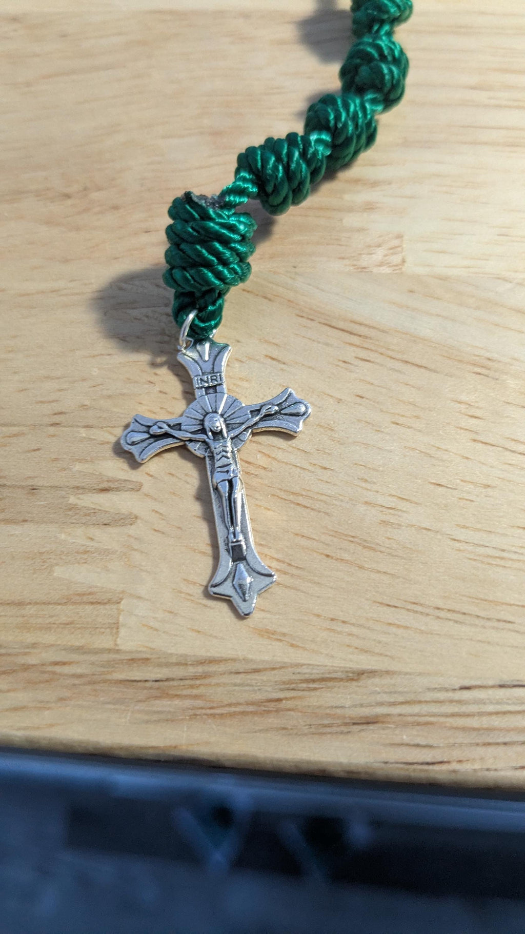 Hunter Green Knotted Rosary with Nickel Crucifix