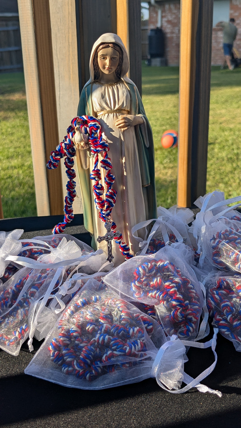 Red, White and Blue Knotted Rosary with Nickel Crucifix