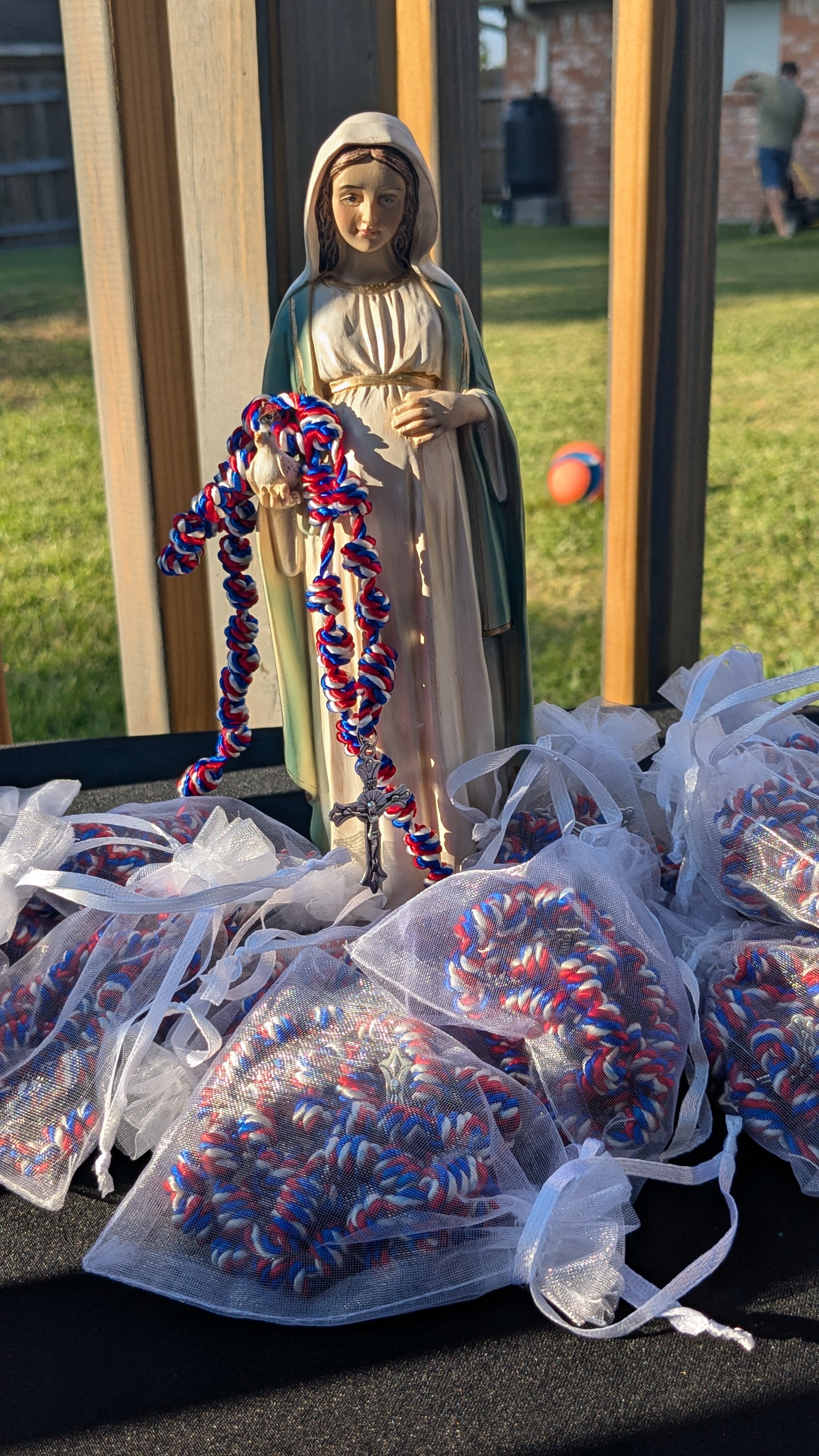 Red, White and Blue Knotted Rosary with Nickel Crucifix