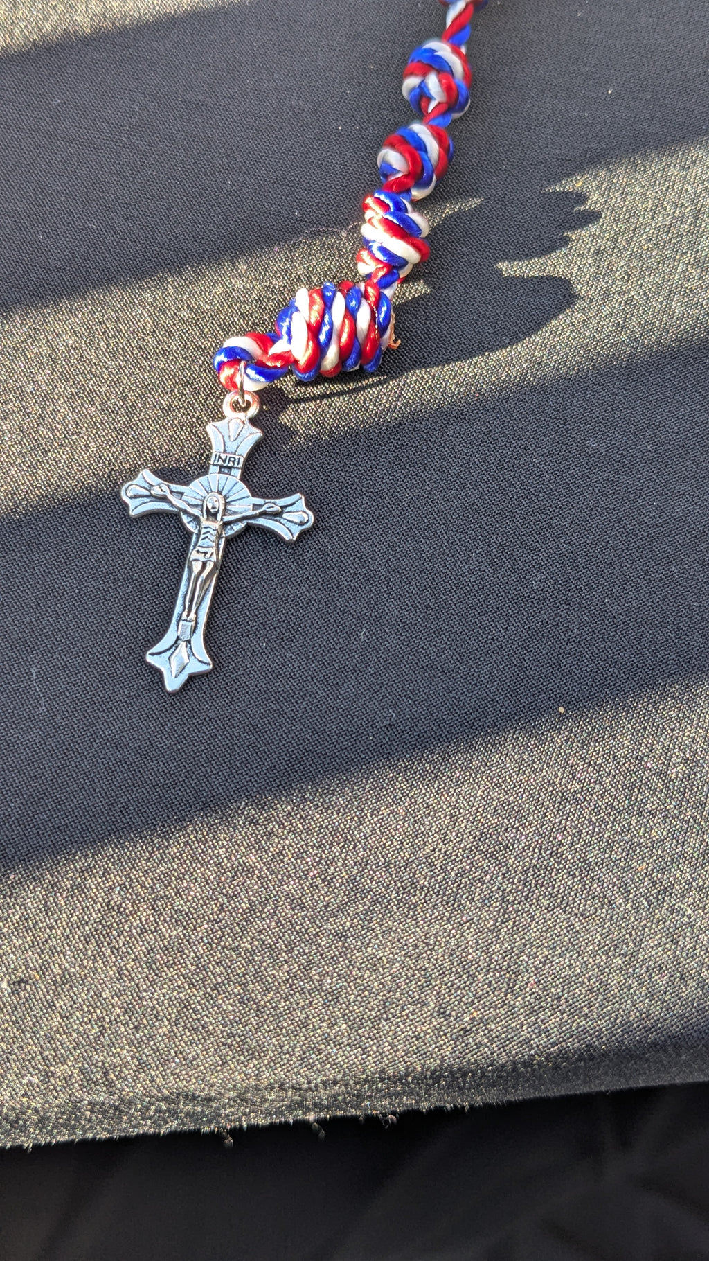Red, White and Blue Knotted Rosary with Nickel Crucifix