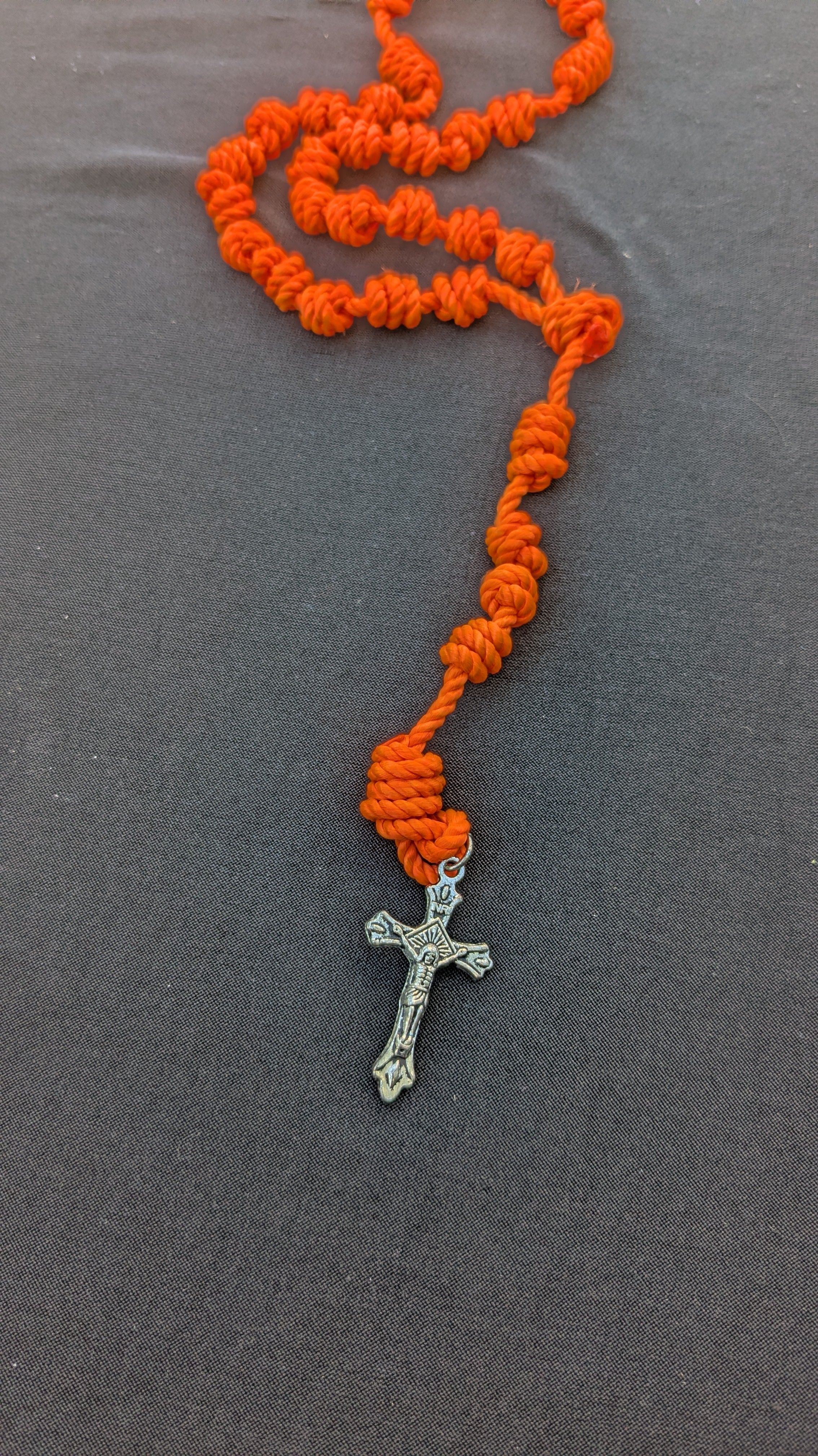Bright Orange Knotted Rosary with Nickel Crucifix - Large