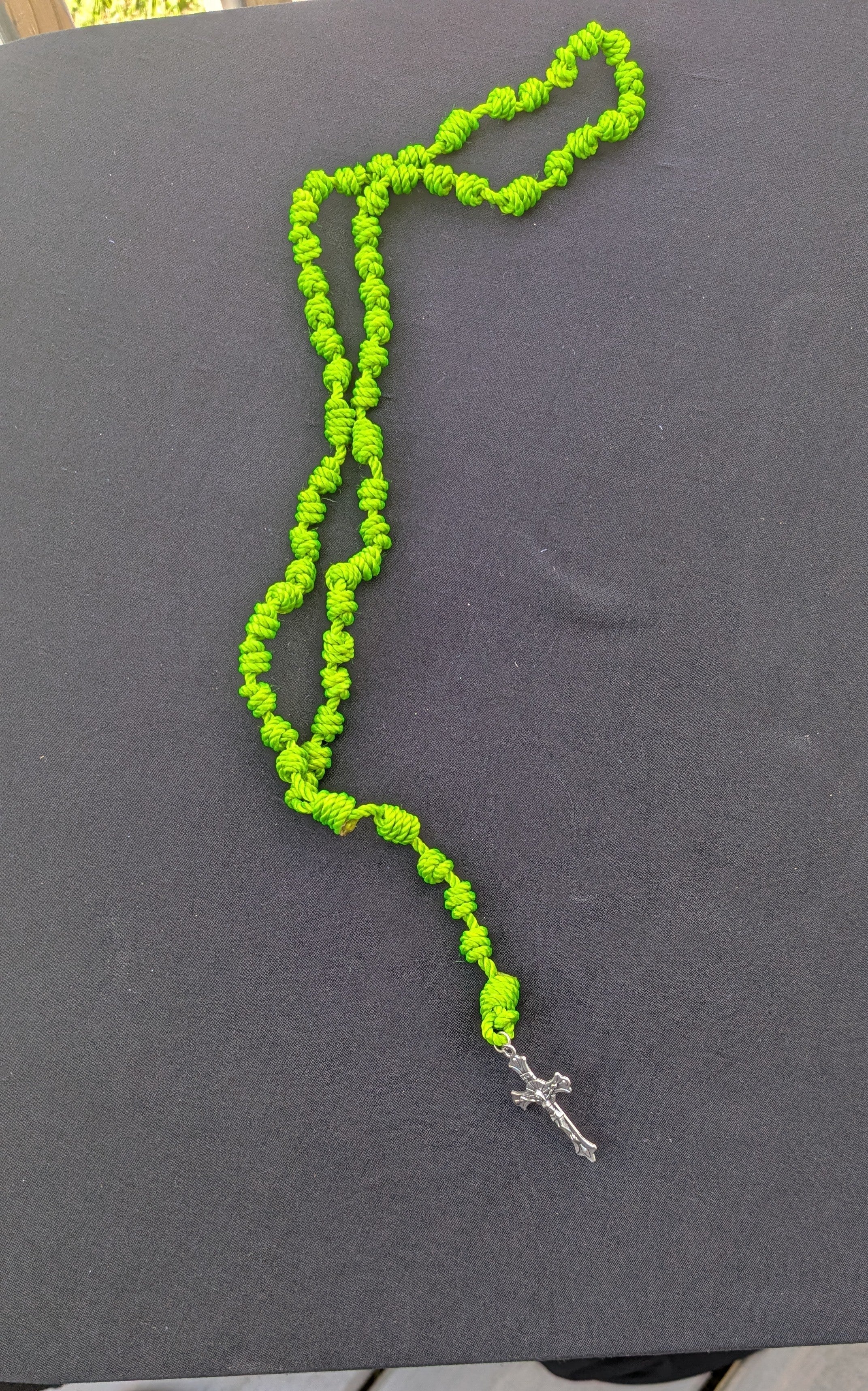 Bright Green Knotted Rosary with Nickel Crucifix