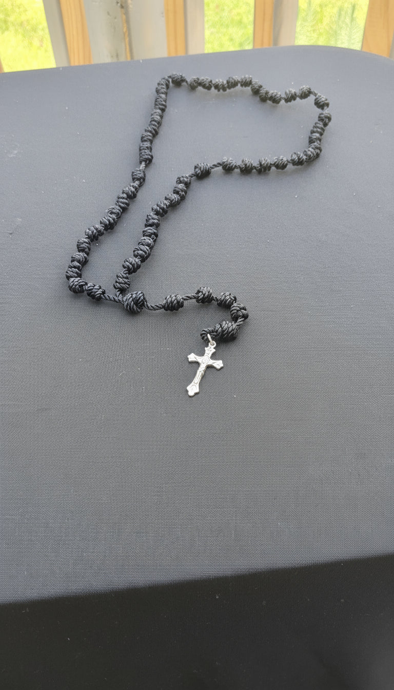 Black  Knotted Rosary with Nickel Crucifix