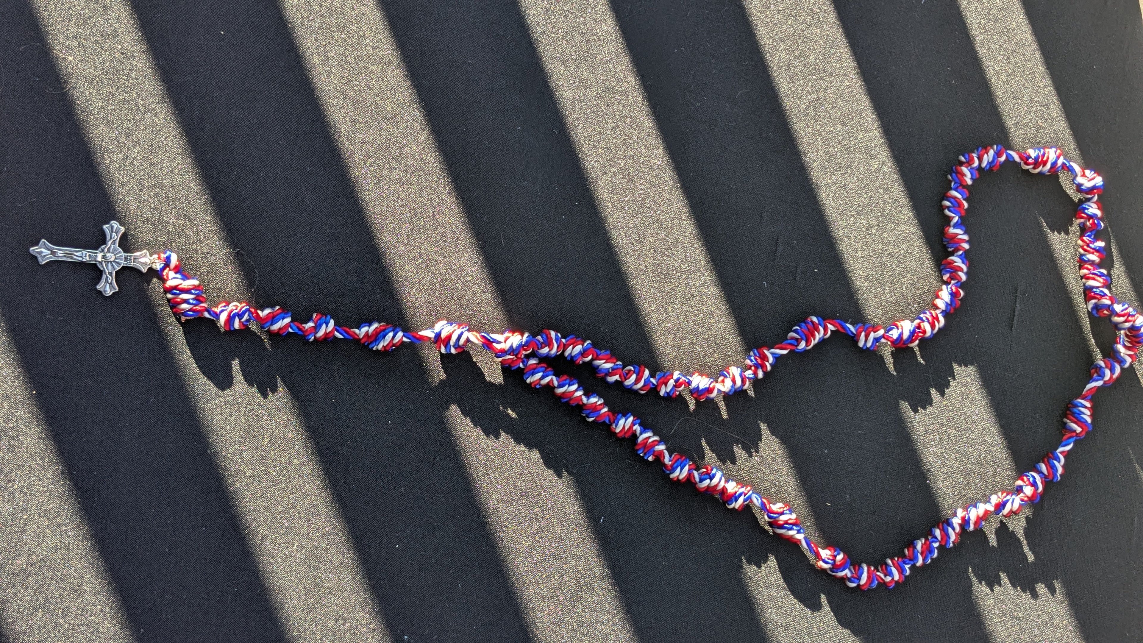 Red, White and Blue Knotted Rosary with Nickel Crucifix