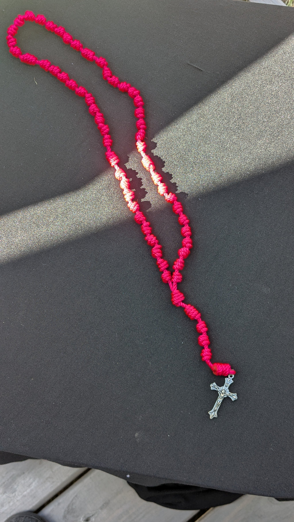 Bright Pink Knotted Rosary, large