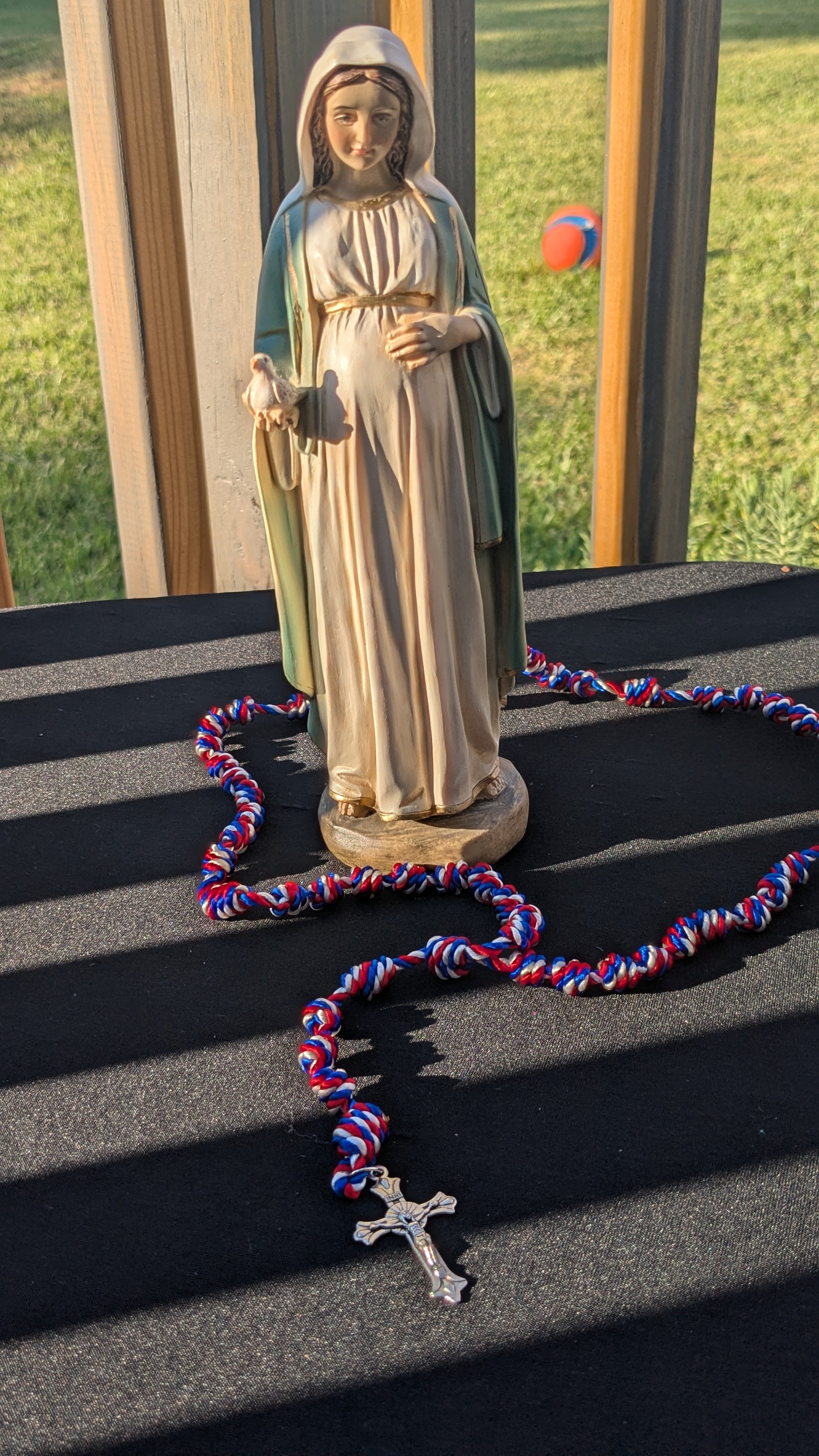 Red, White and Blue Knotted Rosary with Nickel Crucifix
